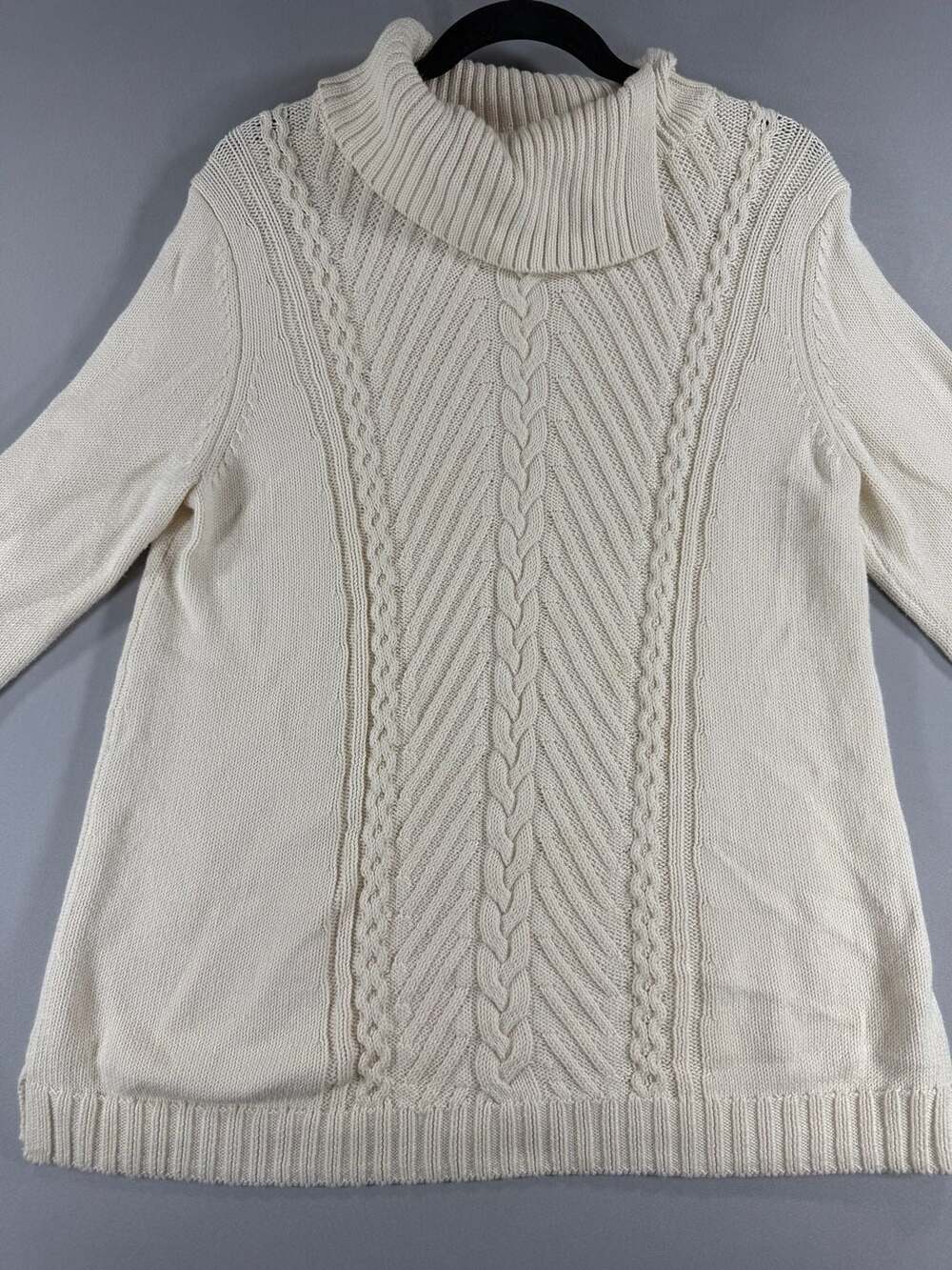 Talbots Petite Women's White Cable Knit Split Cowl Neck Coastal Sweater Size LP